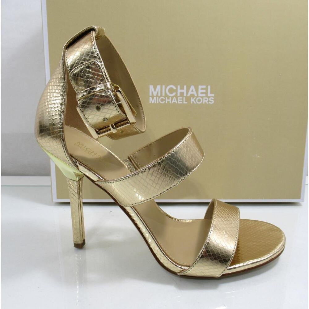 Michael Kors Amal Ankle Strap Sandal High Heel Metallic Leather Pale Gold Size 8 - Picture 3 of 9